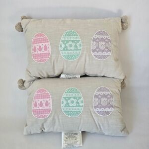 Set of 2 Pastel Pom Pom Easter Spring Throw Pillows with Embroidered Eggs Cute